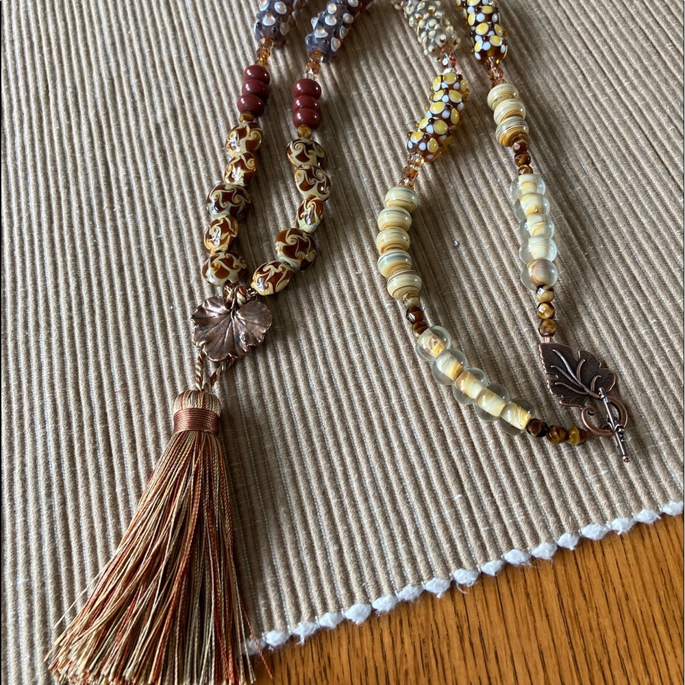NWT Boho Long Lampwork Glass & Swarovski Crystal Necklace w Copper Leaf & Tassel